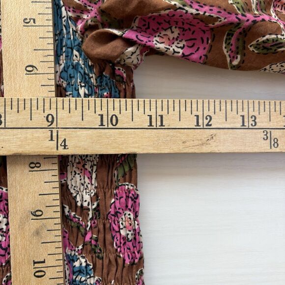 PERRY WALKER Grace Floral Print Smocked Dress O/S Brown Green Pink Smocked Boho - Picture 5 of 15